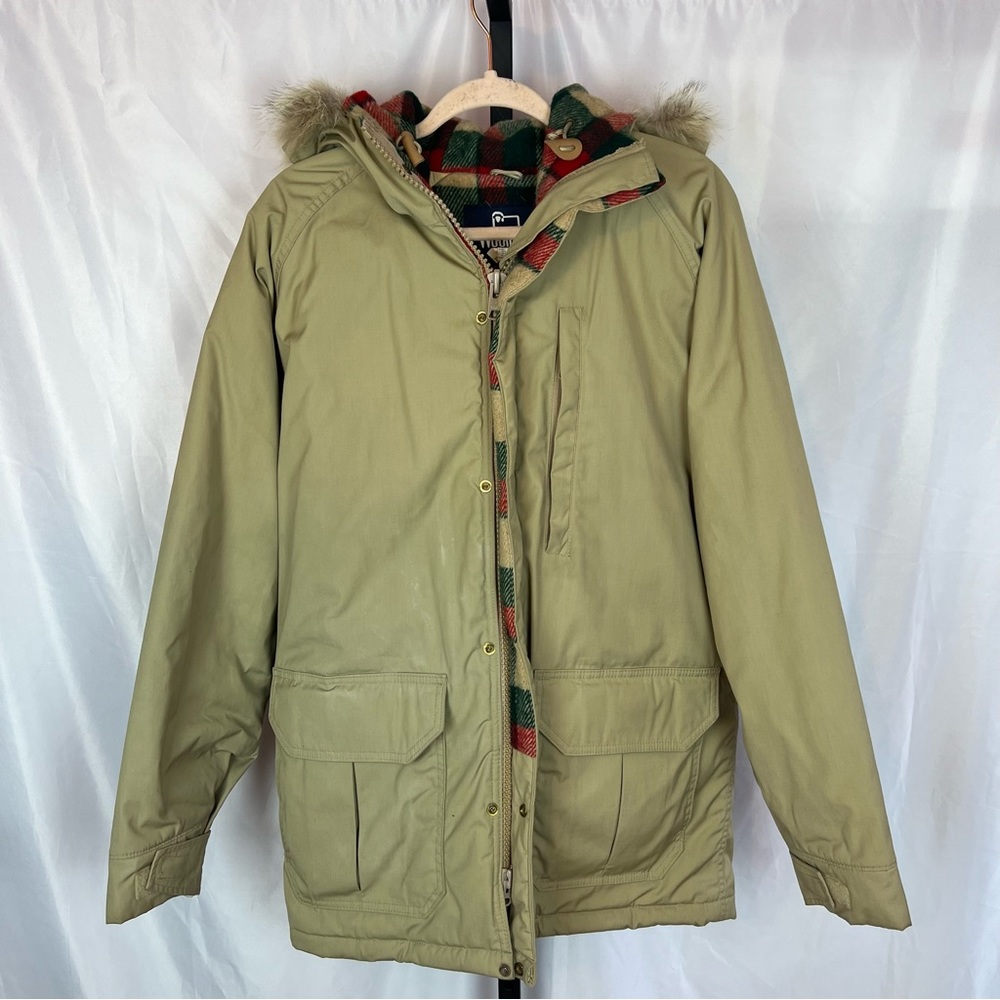 Woolrich Tan Hooded Jacket with Plaid Lining